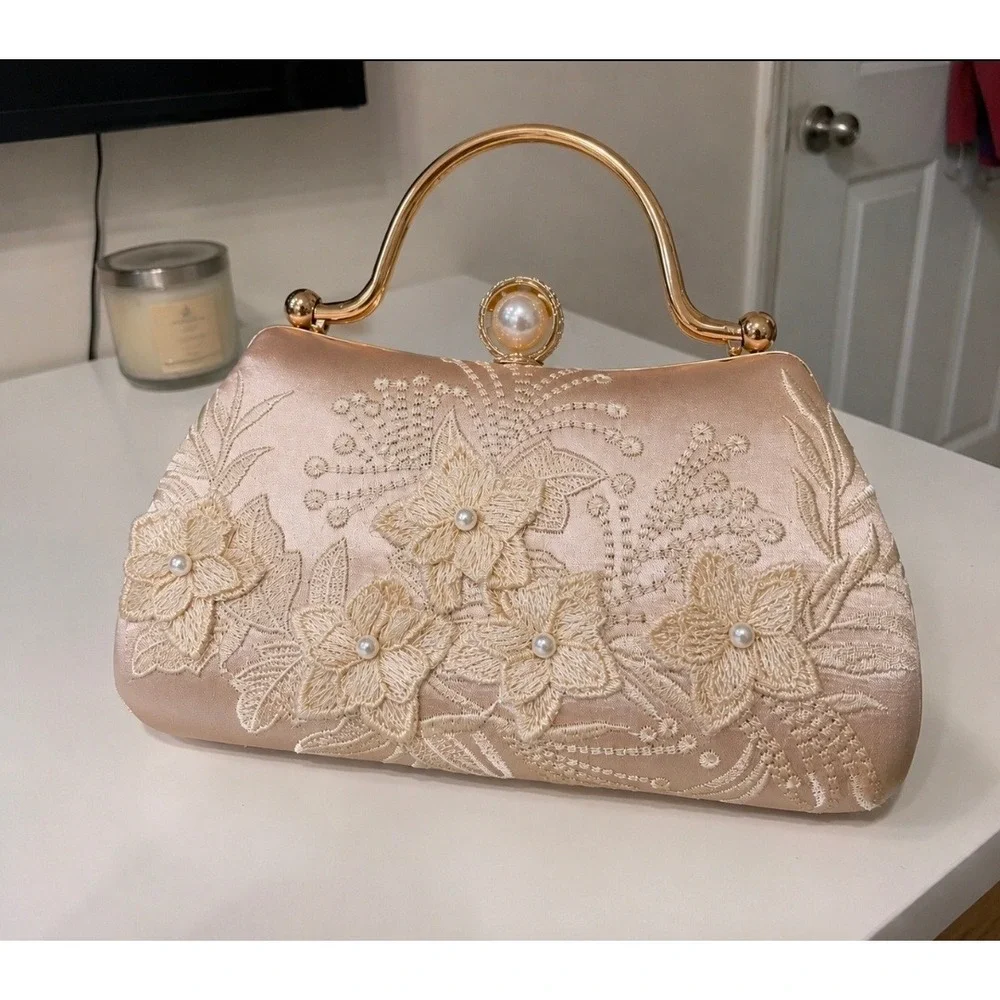 Champagne Satin Floral Embroidered Evening Clutch Pearl Gold Top Handle Bag
